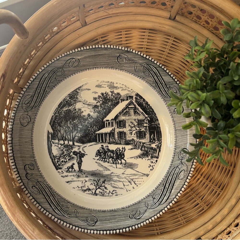 Vintage Currier & Ives Black and White Ceramic Pie Plate